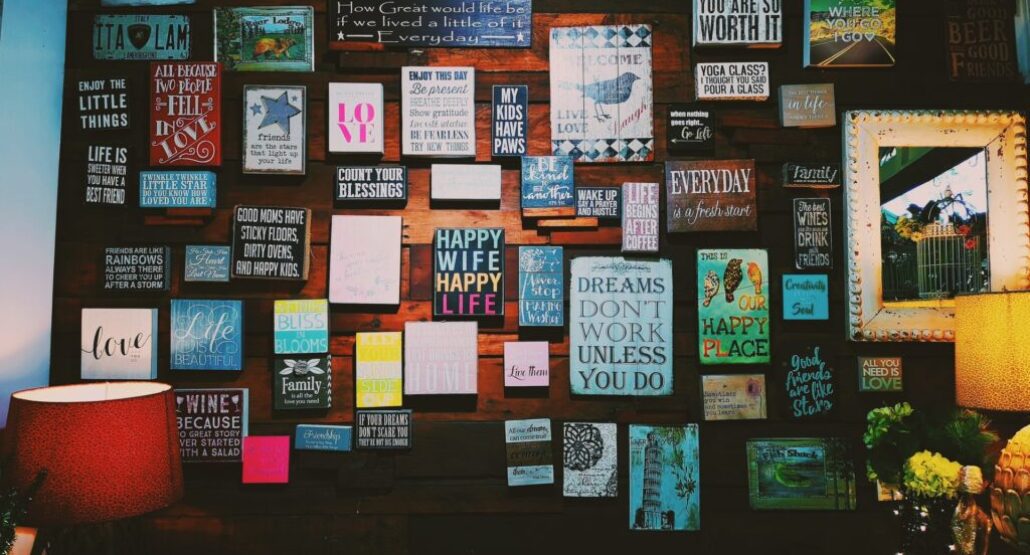 A wall with many affirmations and inspiring quotes. the future you lab. ambiance atmosphere