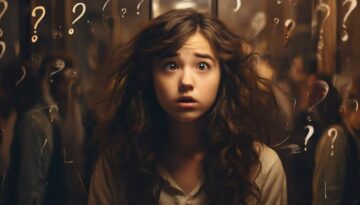 A photo of a confused young adult looking at a mirror with question marks around her head. A photo of a confused young adult looking at a mirror with question marks around her head.