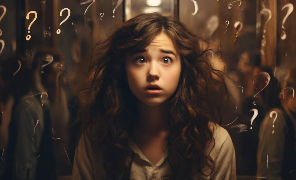 A photo of a confused young adult looking at a mirror with question marks around her head.