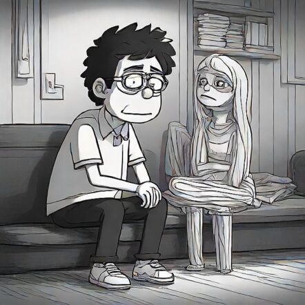 black and white picture with sad adult sitting on a couch next to a doll of a girl, representing why millennials and gen z are attracted to certain people