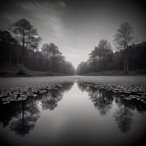 black and white picture of a lake with trees on the side. personal values for Millennials and Gen Z