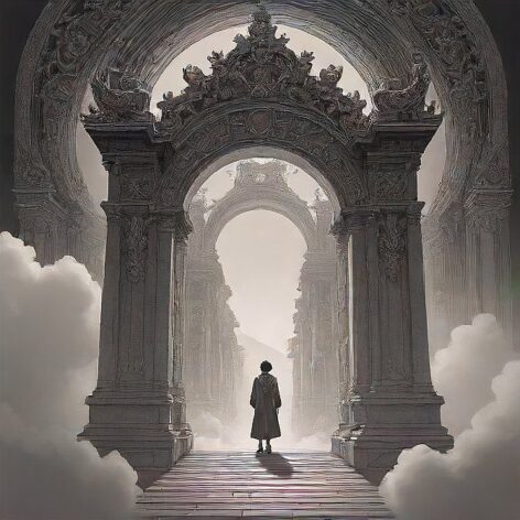 heavenly gate in black and white with a person at the forefront. inside the mind of gen z