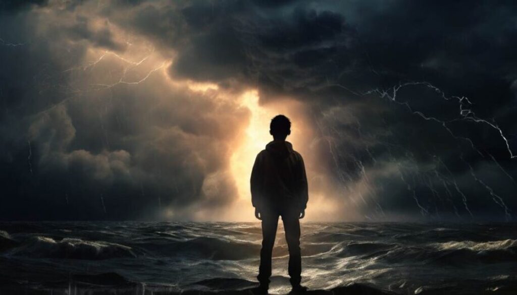 A silhouette of a young person standing defiantly against a backdrop of a raging storm, representing why me or why bad things happen to good people