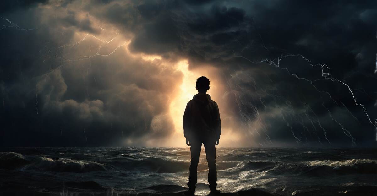 A silhouette of a young person standing defiantly against a backdrop of a raging storm, representing why me or why bad things happen to good people