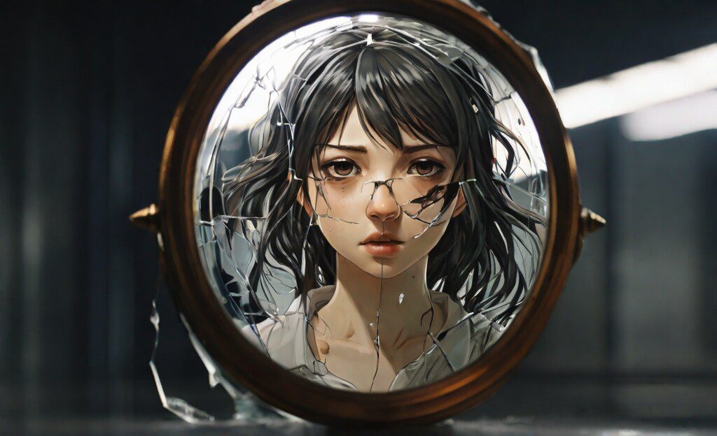 a broken image with a reflection of a girl that highlights self sabotage. the future you lab