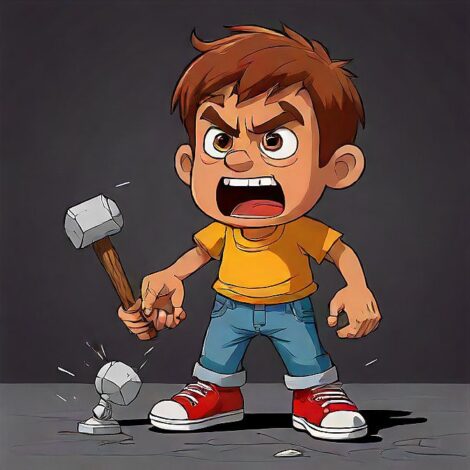 angry kid with a hammer, reflects love and bad behavior 