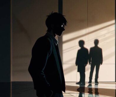 a person with shadowy figures around. why its hard to trust yourself