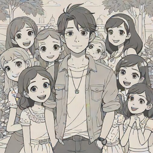 a black and white picture with a young man and many girls around, represents dating in millennials in their 20s