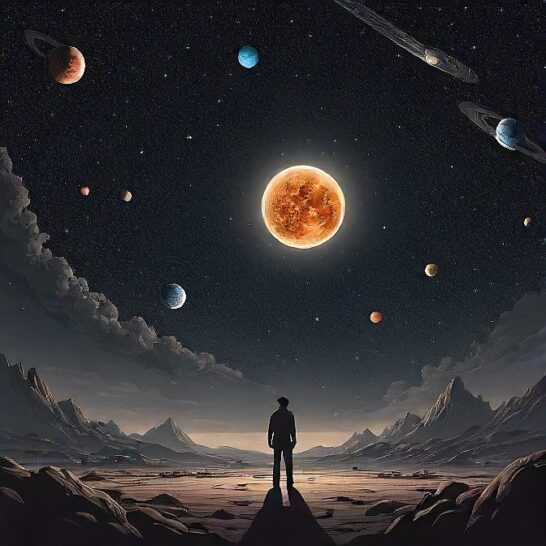 a picture of a man watching the universe with many planets around, representing why or why bad things happen to good people. 