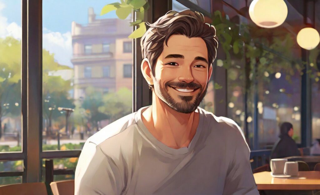 dating in your 30s from a millennials, a colorful picture of a man sitting in a cafe smiling