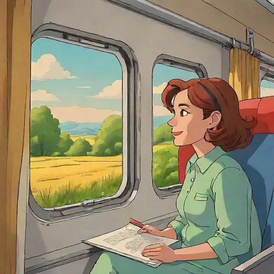 a girl sitting on a train looking at the window with love 