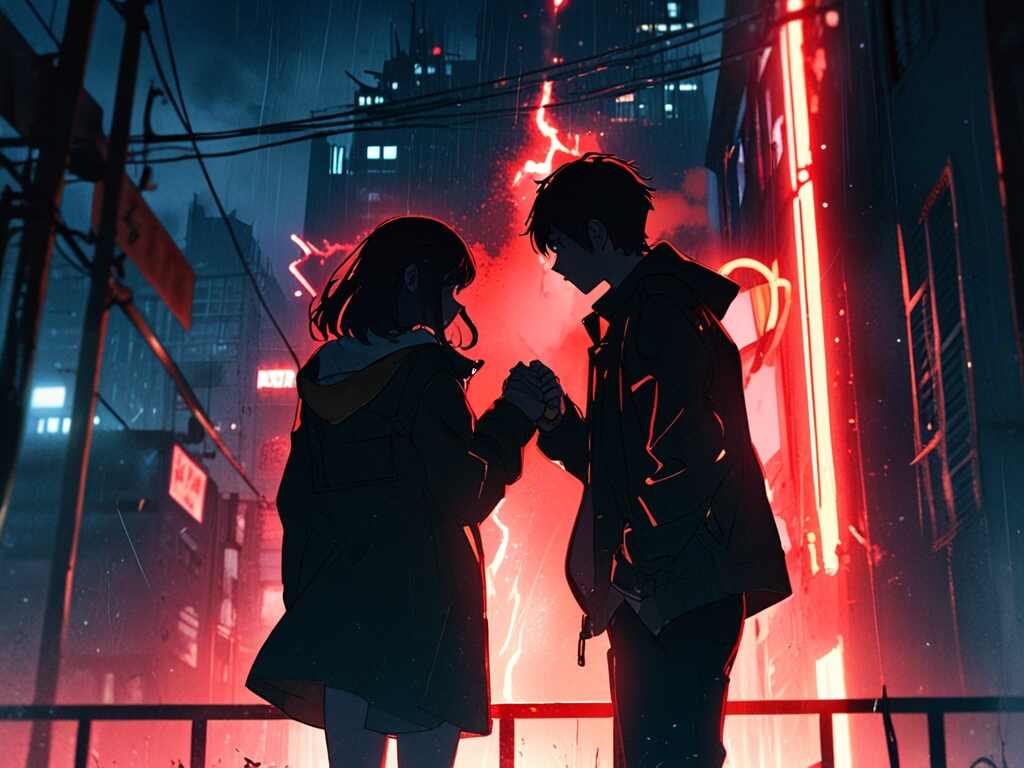 dark night with lights and two young couple